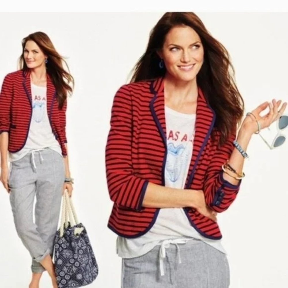 Talbots Nautical Knit Blazer Jacket Size Large Red Navy Stripe All Cotton